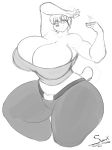  2019 absurd_res alexis_bishop_(lildredre) anthro belt big_breasts black_nose bottomwear breasts cleavage clothed clothing digital_media_(artwork) female fur hair hi_res huge_breasts hyper hyper_breasts looking_at_viewer mammal monochrome pants polar_bear simple_background sketch smile solo standing superix thick_thighs topwear tube_top ursid ursine voluptuous white_fur wide_hips 