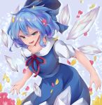  1girl blue_dress blue_eyes blue_hair bow breasts cirno collarbone commentary_request cowboy_shot dress drop_shadow flower gradient gradient_background grey_background hair_between_eyes hair_bow highres ice leaning_forward looking_at_viewer lower_teeth open_mouth petals pinafore_dress puffy_short_sleeves puffy_sleeves red_neckwear red_ribbon ri_cochet ribbon shirt short_hair short_sleeves small_breasts solo thick_eyebrows touhou tsurime white_shirt wind wings 