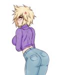  1girl anger_vein ass bakugou_mitsuki blonde_hair blush boku_no_hero_academia breasts commentary denim english_commentary from_behind jeans large_breasts leaning_forward lips looking_back mature pants purple_sweater red_eyes ribbed_sweater short_hair solo spewing_mews spiked_hair sweater turtleneck turtleneck_sweater white_background 