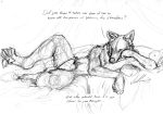  bedroom canid canine canis collar coyote english_text hi_res inside male mammal nude sketch solo text tuuwa vellum 