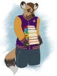  absurd_res african_wild_dog anthro black_nose book bottomwear brown_eyes brown_fur canid canine clothed clothing darius_davis digital_media_(artwork) frohawk fur hair hi_res letterman_jacket looking_at_viewer male mammal mcbittypaws multicolored_fur pants solo teenager young 