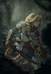  2019 5_fingers anthro blonde_hair clothed clothing digital_media_(artwork) felid female fingers green_eyes hair hi_res holding_object holding_sword holding_weapon kittydee mammal melee_weapon pantherine solo sword tiger weapon 