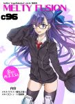  1girl armored_boots bangs black_jacket blue_eyes blue_ribbon boots commentary_request cover crotch_plate earbuds earphones eyebrows_visible_through_hair fate/grand_order fate_(series) glasses hair_ornament hair_ribbon highres jacket long_hair long_sleeves looking_at_viewer magazine_cover meltryllis purple_hair ribbon shirt sleeves_past_fingers sleeves_past_wrists solo translation_request very_long_hair white_shirt yuge_(yuge_bakuhatsu) 