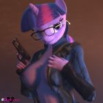  1:1 3d_(artwork) 9mm anthro bethesda_softworks breasts clothed clothing digital_media_(artwork) equid equine eyewear fallout female friendship_is_magic glasses hair hi_res holding_object holding_weapon horn horse light lighting looking_at_viewer mammal my_little_pony nipples pony simple_background skynaya source_filmmaker twilight twilight_sparkle_(mlp) unicorn vaultsuit video_games weapon 