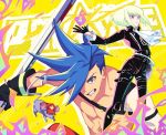  2boys black_gloves black_jacket blue_eyes blue_hair chest con_potata cravat fire galo_thymos gloves green_hair jacket lio_fotia male_focus mouse multiple_boys outstretched_hand pants promare shirtless smile spiked_hair vinny_(promare) 