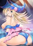  1girl artist_name ass bare_shoulders blonde_hair blue_eyes blue_panties blush breasts commentary_request dark_magician_girl duel_monster eyebrows_visible_through_hair from_behind green_eyes hair_between_eyes hat large_breasts long_hair looking_at_viewer nipples off_shoulder open_mouth panties pussy_juice solo suzuta_yume underwear wet wizard_hat yuu-gi-ou 