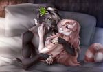  2019 anthro black_fur breasts detailed_background duo etskuni felid female fur green_eyes grey_fur hair machairodontine male mammal nude pink_hair romantic_couple 