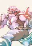  2019 5_fingers absurd_res accessory angry anthro biped body_hair brown_fur canid canine canis chest_hair clothing fingers fur hair headband heylaw21 hi_res horkeukamui humanoid_hands loincloth male mammal multicolored_fur muscular muscular_male simple_background solo tokyo_afterschool_summoners two_tone_fur two_tone_tail video_games white_background white_fur wolf 