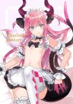  1girl alternate_costume apron arm_strap asymmetrical_horns blue_eyes breasts curled_horns diamond_(shape) dragon_girl dragon_horns dragon_tail elizabeth_bathory_(fate) elizabeth_bathory_(fate)_(all) enmaided fate/extella fate/extella_link fate/extra fate/grand_order fate_(series) flat_chest frilled_apron frilled_legwear frills hair_between_eyes highres horns long_hair looking_at_viewer maid maid_headdress navel pink_hair pointy_ears sidelocks simple_background sitting sleeve_cuffs smile solo tail thighhighs waist_apron white_legwear wrist_cuffs 