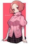  1girl blush brown_eyes brown_hair commentary_request do_m_kaeru okumura_haru persona persona_5 pink_sweater plaid plaid_skirt ribbed_sweater short_hair skirt smile solo sweater twitter_username 