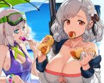  2girls aa-12_(girls_frontline) anthropomorphism aqua_eyes beach bikini breasts candy cleavage clouds cropped food girls_frontline goggles gray_hair gun hewsack lollipop red_eyes see_through short_hair sky spas-12_(girls_frontline) swimsuit umbrella waifu2x water weapon wristwear 