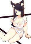  1girl absurdres animal_ears azur_lane black_hair blue_eyes breasts cat_ears cleavage commentary_request covered_nipples eyebrows_visible_through_hair fusou_(azur_lane) highres large_breasts long_hair looking_at_viewer naked_shirt rain_lan see-through shirt solo t-shirt wet wet_clothes wet_shirt white_shirt 