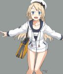  1girl alternate_costume bag blonde_hair blue_eyes blue_swimsuit blush collarbone cosplay covered_navel eyebrows_visible_through_hair flat_chest grey_background handbag hat jacket jervis_(kantai_collection) kantai_collection kawashina_(momen_silicon) lifebuoy long_hair long_sleeves looking_at_viewer name_tag one-piece_swimsuit open_mouth sailor_hat school_swimsuit simple_background solo swimsuit swimsuit_under_clothes torpedo track_jacket white_headwear white_jacket yukikaze_(kantai_collection) yukikaze_(kantai_collection)_(cosplay) 