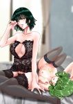  2girls absurdres after_sex babydoll bedroom black_hair black_legwear breasts cleavage collarbone condom condom_in_mouth cum cum_on_body cum_on_breasts cum_on_upper_body curly_hair fubuki_(one-punch_man) gokkun green_eyes green_hair highres lace lace-trimmed_legwear large_breasts lips looking_at_viewer lying mouth_hold multiple_girls nipples no_panties nude on_back one-punch_man pubic_hair senga sheer_legwear short_hair siblings sisters sitting small_breasts strapless tatsumaki thighhighs topless unmoving_pattern used_condom 