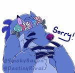  2019 4_fingers alien back_spines backhoe_(lilo_and_stitch) blue_claws blue_eyes blue_fur chest_tuft claws compression_artifacts disney english_text experiment_(lilo_and_stitch) fingers flower flower_crown fur lilo_and_stitch plant purple_nose simple_background smokybacon squint text tuft watermark white_background 