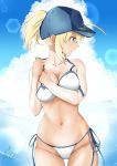  1girl absurdres ahoge artoria_pendragon_(all) baseball_cap bikini blonde_hair blue_eyes blue_headwear breasts cleavage cloud cloudy_sky commentary_request dragonoil fate/grand_order fate_(series) hair_between_eyes hair_through_headwear hat highres large_breasts mysterious_heroine_xx_(foreigner) navel open_mouth ponytail side-tie_bikini signature sky solo swimsuit white_bikini 