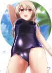  1girl breasts cameltoe commentary_request fate/kaleid_liner_prisma_illya fate_(series) highres illyasviel_von_einzbern kuro_yanagi long_hair open_mouth prisma_illya purple_swimsuit red_eyes school_swimsuit silver_hair small_breasts smile solo swimsuit 