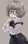  1girl :o animal_ear_fluff animal_ears bangs bespectacled black-framed_eyewear black_bow black_skirt blush bow brown_background brown_eyes brown_hair cat_ears collared_shirt commentary_request eyebrows_behind_hair glasses hands_up hatoba_tsugu hatoba_tsugu_(character) highres kemonomimi_mode looking_at_viewer parted_lips pleated_skirt sha2mo shirt simple_background skirt solo suspender_skirt suspenders virtual_youtuber white_shirt 