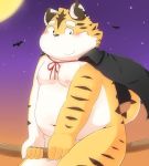  2016 anthro belly black_nose blush butt cub felid halloween holidays humanoid_hands huuta_2929 male mammal moobs moon navel night nipples outside overweight overweight_male pantherine sitting tiger young 