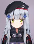  1girl ankkoyom bangs beret blush eyebrows_visible_through_hair girls_frontline green_eyes hair_ornament hat highres hk416_(girls_frontline) jacket long_hair portrait purple_background silver_hair simple_background smile solo 