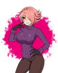  1girl alternate_hair_length alternate_hairstyle black_sclera black_skin blazblue blazblue:_central_fiction blush breasts commentary denim english_commentary fingernails hair_over_one_eye hand_on_hip jeans konoe_a_mercury large_breasts looking_at_viewer pants pink_hair purple_sweater ribbed_sweater sharp_fingernails short_hair solo spewing_mews sweater turtleneck turtleneck_sweater two-tone_skin yellow_eyes 