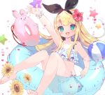  1girl :d arm_up ass ball bangs bare_arms bare_shoulders barefoot beachball bikini black_ribbon blonde_hair blush collarbone commentary_request eyebrows_visible_through_hair flower green_eyes hair_flower hair_ornament hair_ribbon heart knees_up long_hair looking_at_viewer mononobe_alice nijisanji open_mouth outstretched_arm plaid plaid_bikini red_flower ribbon scrunchie sidelocks simple_background sitting smile solo star sunflower suzuhara_(13yuuno) swimsuit very_long_hair virtual_youtuber white_background white_flower white_scrunchie wrist_scrunchie yellow_flower 