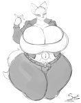  2019 absurd_res anthro belt big_breasts black_nose black_sclera bottomwear breasts canid canine canis cigarette cleavage clothed clothing digital_media_(artwork) female fingers fur hi_res huge_breasts hyper hyper_breasts jacket leather leather_jacket looking_at_viewer luna_santiago_(lildredre) mammal monochrome navel pants shirt simple_background sketch solo standing superix tattoo thick_thighs topwear voluptuous white_fur wide_hips wolf 