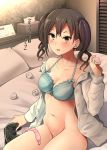  1girl bangs black_hair blush bra breasts commentary_request condom condom_wrapper controller dualshock eyebrows_visible_through_hair game_controller gamepad hair_between_eyes holding idolmaster idolmaster_cinderella_girls indoors long_hair looking_at_viewer medium_breasts mole mole_under_eye navel no_panties on_bed open_clothes open_mouth open_shirt playstation_controller sharp_teeth sitting solo sunazuka_akira takemasa teeth translation_request twintails underwear used_condom used_tissue 
