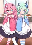  &gt;_&lt; 2girls :d apron bangs black_skirt blue_eyes blue_ribbon blue_sleeves blush bow closed_mouth commentary_request cookie detached_sleeves eyebrows_visible_through_hair fang food frilled_apron frills green_hair hair_between_eyes hair_bow hair_ornament hair_ribbon highres holding holding_food holding_plate honkai_(series) honkai_impact_3rd horn indoors jiu_(sdesd3205) liliya_olyenyey long_sleeves multiple_girls open_mouth pink_bow pink_hair pink_sleeves plate pleated_skirt ribbon rozaliya_olyenyey short_eyebrows skirt smile strapless striped striped_bow striped_legwear tail thick_eyebrows thighhighs white_apron wide_sleeves window wooden_floor 