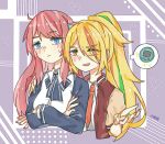  1815-401frenek 2girls artist_name bangs blonde_hair blue_eyes blush crossed_arms hand_on_another&#039;s_shoulder heart jacket long_hair long_sleeves minamoto_sakura multicolored_hair multiple_girls necktie nikaidou_saki open_mouth orange_eyes ponytail red_hair ribbon tomodachi yuri zombie_land_saga 