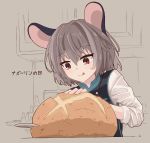  1girl afensorm alternate_costume animal_ears bottle bread eyebrows_visible_through_hair food grey_background grey_hair highres knife loaf_of_bread long_sleeves mouse_ears nazrin red_eyes shirt short_hair solo tongue tongue_out touhou translated upper_body vest white_shirt 