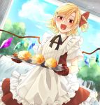  1girl :d apron bangs black_neckwear black_ribbon blonde_hair blue_sky cloud commentary_request cowboy_shot cream_puff crystal eyelashes fangs flandre_scarlet food frilled_apron frills hair_between_eyes hair_ornament hair_ribbon hairclip highres holding holding_tray looking_at_viewer neck_ribbon no_hat no_headwear one_side_up open_mouth oven_mitts pastry petticoat pink_apron red_eyes red_ribbon red_skirt red_vest ribbon shirt short_hair short_sleeves signature skirt skirt_set sky slit_pupils smile solo souta_(karasu_no_ouchi) standing touhou tray tree vest white_shirt wings 