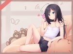  1girl ahoge barefoot black_hair blue_eyes camisole cellphone crossed_legs expressionless flat_chest full_body highres knee_up legs long_hair midriff musical_note original phone pillow short_shorts shorts sitting smartphone solo strap_slip stuffed_animal stuffed_toy teddy_bear thighs tokenbox white_camisole wifi_symbol 