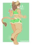  4_toes ambiguous_gender anthro barefoot boy_shorts brown_fur brown_hair brown_pawpads clothing coffeesoda digitigrade eyewear felid fur furgonomics glasses hair hi_res lion mammal pantherine pawpads soles solo toes underwear water_bottle 