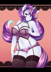 2018 absurd_res anthro anthrofied big_breasts blue_eyes bra breasts cleavage clothed clothing equid eyeshadow female friendship_is_magic fusion hair hi_res horn legwear lingerie long_hair makeup mammal my_little_pony panties pink_eyeshadow rarity_(mlp) senseidezzy solo starlight_glimmer_(mlp) stockings underwear unicorn 