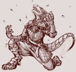  anthro armor beetleback belt boots bottomwear claws clothing dragon footwear gambeson gloves handwear horn monochrome open_mouth pants scales scalie simple_background solo teeth torn_clothing transformation western_dragon wingless_dragon 