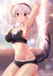  1girl armpits arms_up artist_logo artist_name bare_legs barefoot black_bra black_panties blush bra breasts chinchongcha cleavage corrin_(fire_emblem) corrin_(fire_emblem)_(female) day dragon_tail fire_emblem fire_emblem_fates hair_between_eyes hairband highres indoors kneeling large_breasts lens_flare light_particles long_hair looking_at_viewer midriff navel panties red_eyes signature silver_hair smile solo sports_bra sunlight tail thighs underwear underwear_only 