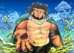  2018 5_fingers abs absurd_res anthro arsalan beard black_hair blue_sky bottomwear bulge cape clothing cloud eyebrows facial_hair felid fingers fur green_hair hair hi_res lion looking_at_viewer male mammal muscular muscular_male oil pantherine pants pawpads pink_eyes pink_nose reaching_out sky smile tan_fur tight_clothing tokyo_afterschool_summoners tor@ video_games 
