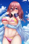  1girl arm_under_breasts bangs bare_shoulders bikini blue_eyes blue_jacket blue_sky blush breasts brown_hair cleavage fou_zi go-toubun_no_hanayome hair_between_eyes hand_in_hair headphones headphones_around_neck highres jacket large_breasts long_sleeves looking_at_viewer medium_hair nakano_miku navel open_clothes open_jacket open_mouth parted_lips sky solo striped striped_bikini swimsuit thighs underboob 