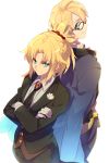  1boy 1girl alternate_costume back-to-back black_neckwear blonde_hair braid cis05 commentary_request crossed_arms fate/apocrypha fate/grand_order fate/prototype fate/prototype:_fragments_of_blue_and_silver fate_(series) flower formal french_braid glasses gloves green_eyes hair_between_eyes hair_ornament heroic_spirit_formal_dress jacket jacket_on_shoulders jekyll_and_hyde_(fate) looking_at_another looking_at_viewer mordred_(fate) mordred_(fate)_(all) necktie ponytail shirt short_hair simple_background smile suit white_background white_flower white_gloves white_shirt 