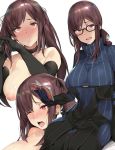  1girl bangs black_dress black_gloves blue_dress blush book breasts brown_eyes brown_hair center_opening choker collarbone consort_yu_(fate) dress ear_piercing earrings elbow_gloves fate/grand_order fate_(series) glasses gloves holding holding_book jewelry kurowa large_breasts long_hair long_sleeves looking_at_viewer multiple_earrings multiple_views nipples open_book open_mouth piercing puffy_nipples ribbed_dress simple_background sitting topless turtleneck twintails very_long_hair white_background 