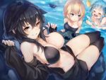  3girls bare_shoulders bikini black_bikini black_hair black_jacket black_legwear blonde_hair blue_eyes blue_hair breasts brown_eyes character_request cleavage closed_eyes closed_mouth collarbone commentary_request cruel_gz jacket large_breasts long_hair long_sleeves looking_at_viewer multiple_girls navel notice_lines off_shoulder one-piece_swimsuit open_mouth parted_lips rita_(sennen_sensou_aigis) school_swimsuit sennen_sensou_aigis sidelocks smile strap_pull swimsuit swimsuit_removed thighhighs thighs water 