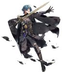  1boy aqua_hair armor bangs black_pants blue_eyes byleth byleth_(male) clenched_teeth dagger fire_emblem fire_emblem:_three_houses fire_emblem_heroes full_body gauntlets gloves highres holding holding_sword holding_weapon long_sleeves looking_away male_focus official_art pants parted_lips shiny shiny_skin short_hair solo sword teeth torn_clothes torn_pants transparent_background weapon 