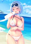  1boy 1girl absurdres azur_lane beach bikini blush breasts cameltoe censored cleavage cloud cloudy_sky collarbone covered_nipples cum cum_in_hands cum_in_mouth cum_on_body cum_on_breasts cum_on_lower_body cum_on_upper_body day disembodied_penis eyewear_on_head handjob hetero highres iron_cross large_breasts looking_at_viewer mosaic_censoring navel noukatu ocean open_mouth penis scarf short_hair silver_hair skindentation sky solo_focus speech_bubble standing sunglasses swimsuit tirpitz_(azur_lane) tirpitz_(snow-melting_summer)_(azur_lane) tongue tongue_out white_bikini 