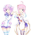  2girls ;o absurdres choujigen_game_neptune heart heart_hands highres hylia ileheart multiple_girls neptune_(series) one_eye_closed pink_hair purple_eyes purple_hair ramu-on@_shinon striped striped_legwear virtual_youtuber 