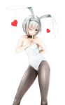  1girl ;) animal_ears arm_behind_back bare_shoulders black-apple_1218 black_legwear blush bow bowtie breasts bunny_ears bunny_girl bunnysuit covered_navel detached_collar fake_animal_ears heart highres konpaku_youmu leotard looking_at_viewer one_eye_closed pantyhose short_hair silver_hair simple_background small_breasts smile solo standing touhou white_background white_leotard 