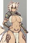  2019 animal_humanoid armor big_breasts blonde_hair breasts canid canid_humanoid canine canine_humanoid clothing female fluffy fluffy_tail fur green_eyes hair hand_on_hip hi_res humanoid inner_ear_fluff loincloth looking_at_viewer mammal mammal_humanoid navel nipple_outline portrait rd-rn00 short_hair smile solo tan_fur tattoo three-quarter_portrait unconvincing_armor white_fur 