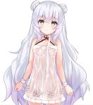  1girl azur_lane bandaged_arm bandages bangs bare_shoulders blush breasts choker closed_mouth collarbone criss-cross_halter double_bun dress eyebrows_visible_through_hair flower frilled_dress frills green_eyes hair_between_eyes halterneck le_malin_(azur_lane) long_hair looking_at_viewer pnt_(ddnu4555) rose see-through silver_hair simple_background small_breasts solo very_long_hair wet wet_clothes wet_dress white_background white_flower white_rose 