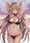  1girl ahoge armpits arms_behind_head bangs beach bikini black_bikini blush breasts choker cleavage cloud commentary_request eyebrows_visible_through_hair fate/grand_order fate_(series) groin hair_between_eyes harimoji jeanne_d&#039;arc_(alter_swimsuit_berserker) jeanne_d&#039;arc_(fate)_(all) large_breasts long_hair looking_at_viewer navel o-ring o-ring_bikini ocean outdoors silver_hair solo stomach sunset swimsuit very_long_hair wet yellow_eyes 