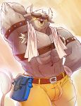  abs ahruon armpit_hair asterios blush bovid bovine bulge cattle clothed clothing flexing hands_behind_head invalid_tag male mammal muscular muscular_male nipples pecs tokyo_afterschool_summoners topless towel video_games 